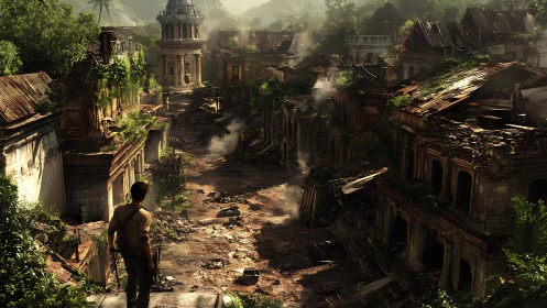 Explorer gazes over a lush, forgotten jungle city street.