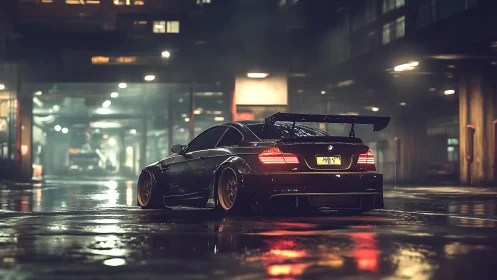 Widebody BMW coupe in wet neon-lit industrial nightscape