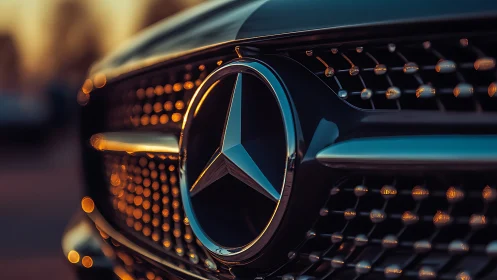 Close-up luxury car grille with glowing emblem at dusk.
