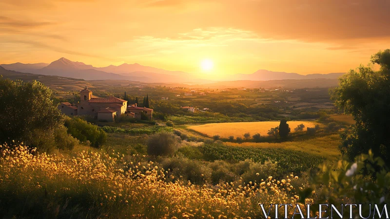 Golden countryside sunset embracing a peaceful hillside village.