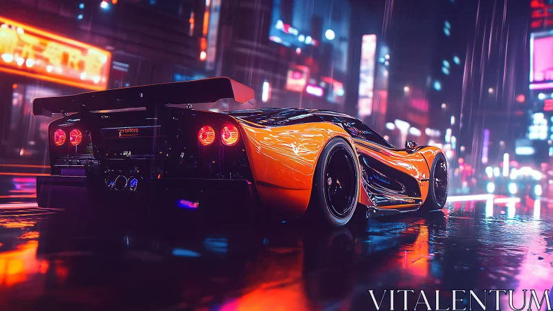 Neon-lit hypercar in rainy cyberpunk city street scene