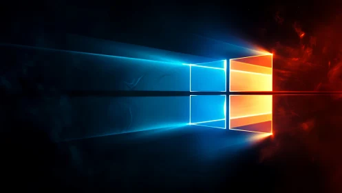 Bifurcated luminous window logo with blue–red volumetric light beams