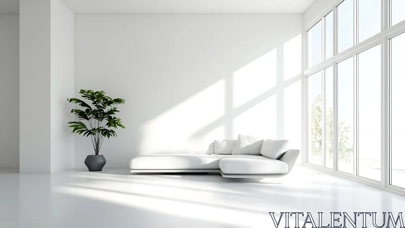 Minimalist white living room with sofa and potted plant.