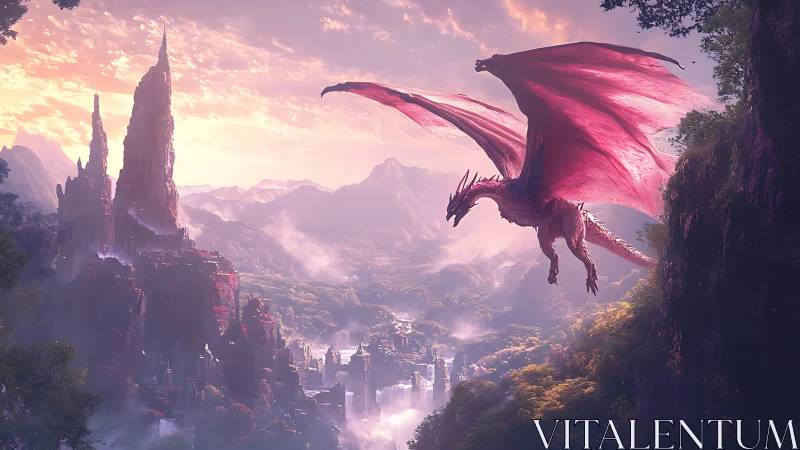 Majestic crimson dragon soars above misty fantasy kingdom.