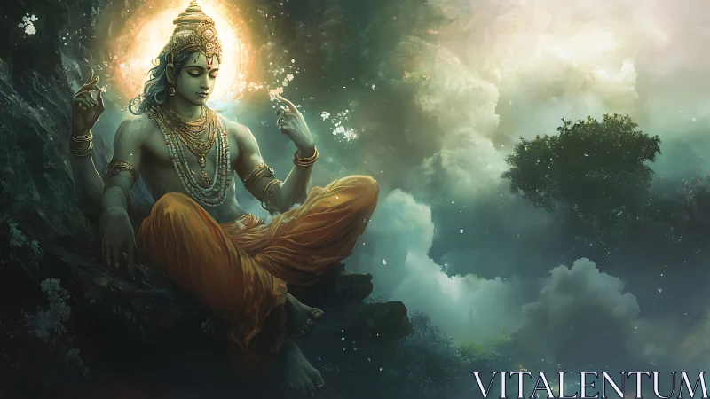 Divine meditative deity amid luminous celestial clouds.