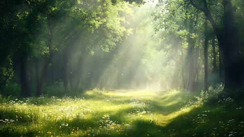 Sunlit Forest Path with Wildflowers in Dreamlike Morning Light.