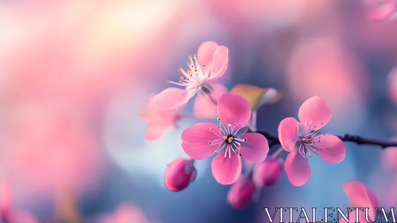Pink blossoms on branch with bokeh background.