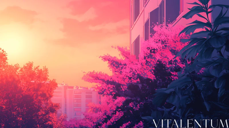 Sunset washes city trees and glass facade in neon light glow