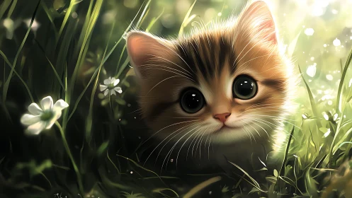 Rendered feline subject positioned within natural grass and botanical environment