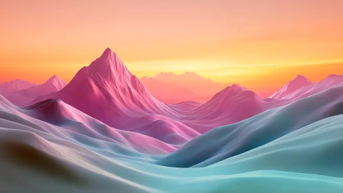 Digital pastel mountain range under gradient sunset sky