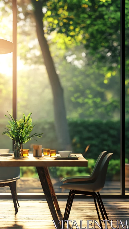 Sunlit modern dining table frames serene garden backdrop