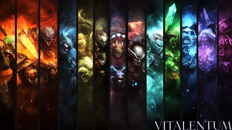 Segmented fantasy characters align across a full color spectrum