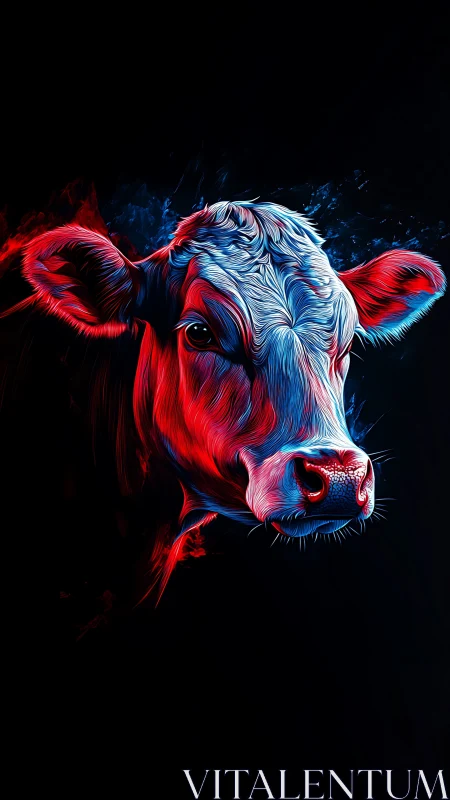 Neon twilight cow portrait glowing against deep night sky.