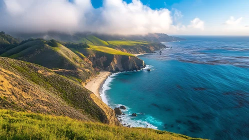 Coastal cliffs meet turquoise ocean with green hillsides and white sand beach.