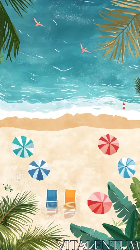 Tropical beach from above with umbrellas and surf.