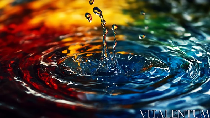Color-saturated water droplet splash with rippling waves.