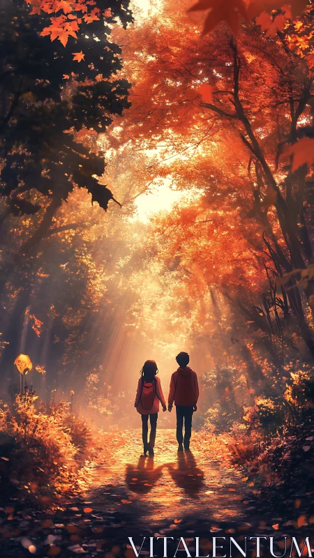 Two figures in autumn forest path with backlighting