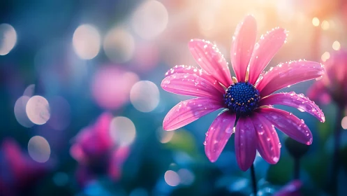 Pink flower with water droplets in soft-focus environment.