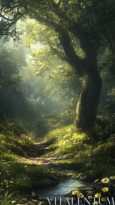 Sunlit Forest Sanctuary with Ancient Oak and Babbling Stream.