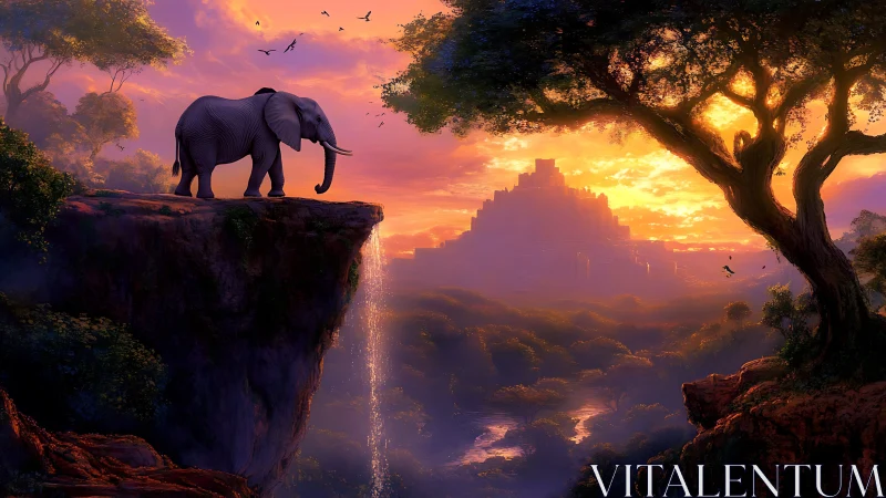 Elephant overlooks waterfall cliff against luminous sunset citadel