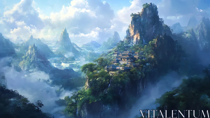 Temple citadel amid misty jade mountains at sunrise.