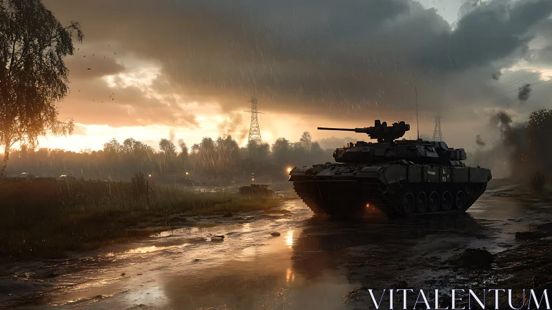 Modern battle tank moves through rainy forest road at dusk