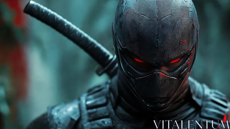 Armored stealth warrior with glowing red eyes portrait.