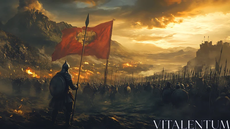 Armored vanguard surveys burning valley before fortified citadel