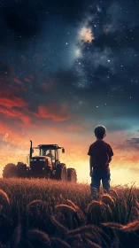 Boy watching tractor under glowing star filled night sky.