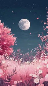 Full moon over stylized pink meadow and blossom trees.