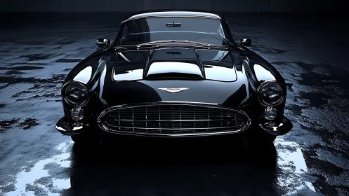 Classic black sports coupe in reflective studio light.