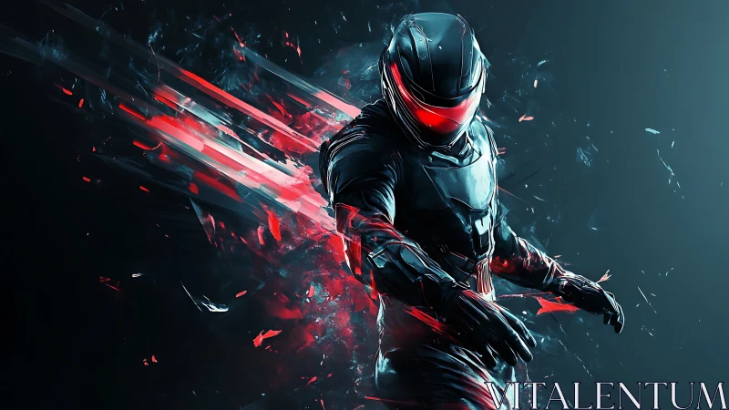 Futuristic armored warrior bursts through red digital shards