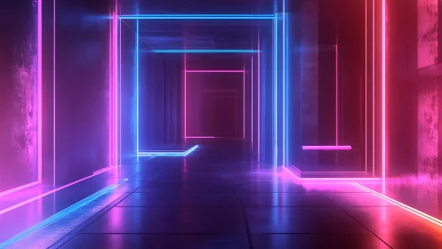 Neon corridor with magenta and cyan volumetric light planes.
