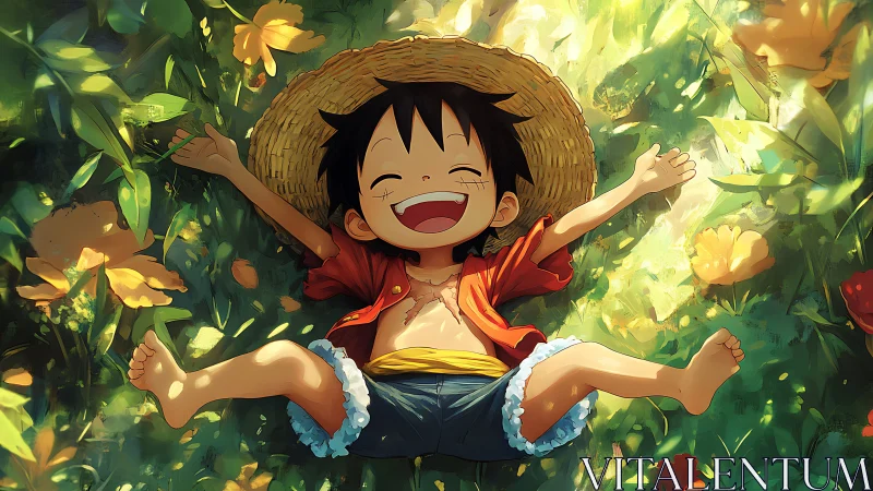 Child sits in sunlit meadow with arms extended outward