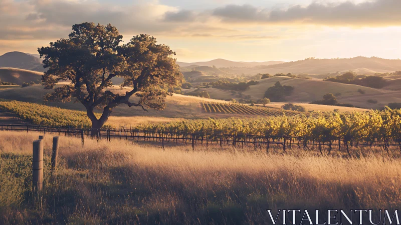 Golden vineyard hills with solitary oak at sunset.