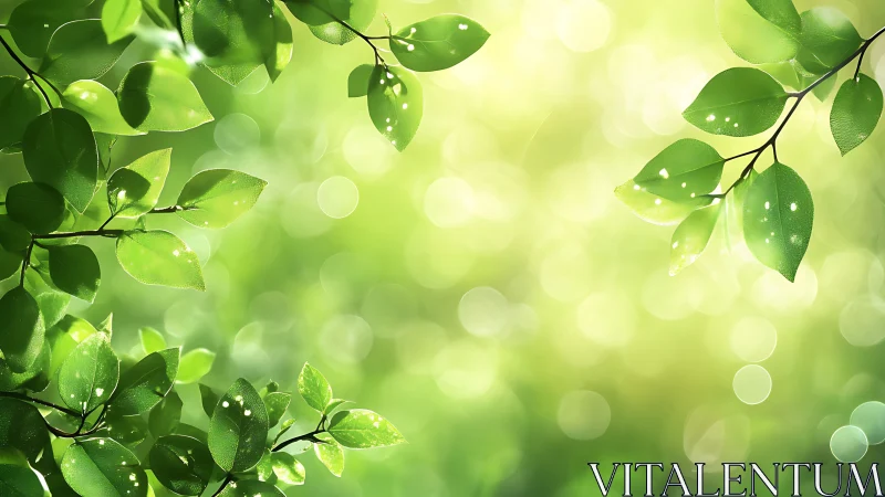 Sunlit Green Leaves with Soft Bokeh Background, Nature Style.