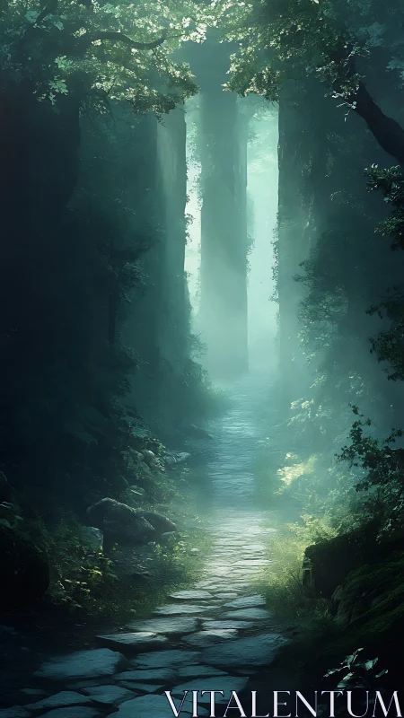 Luminous Stone Path Through Misty Forest Canopy.