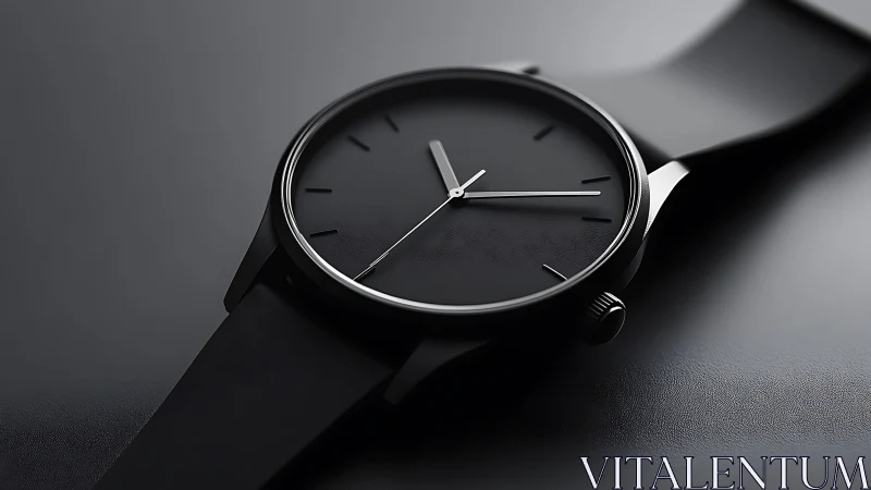 Monochrome analog wristwatch on smooth dark surface.