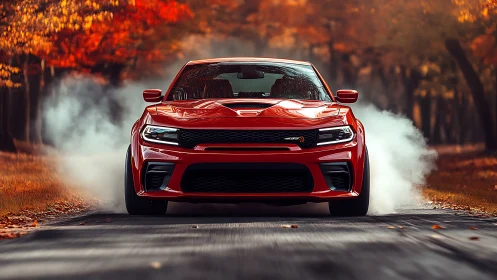 Crimson muscle car roaring through a smoky autumn lane.