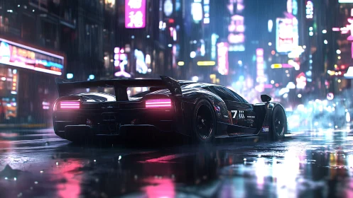 Futuristic black supercar cuts through neon city rain