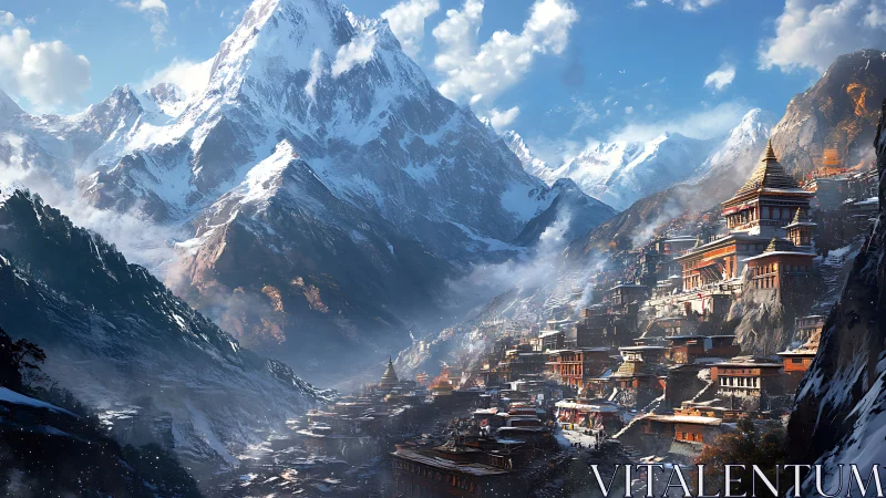 Mountain kingdom terraces beneath towering snow peaks.