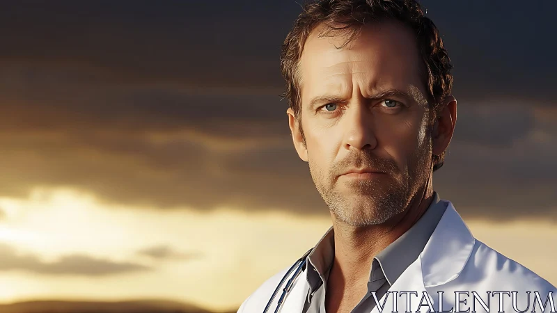 Male medical professional outdoors at sunset in portrait.