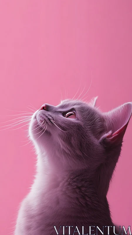 Feline Gaze: Cat Looking Upward Against Vivid Pink Backdrop