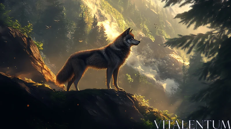 Lone wolf on sunlit precipice in volumetric forest atmosphere.