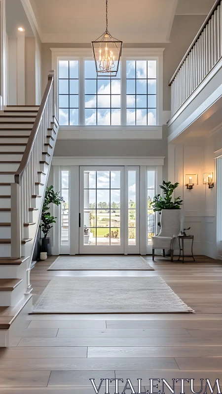 Double-height foyer with transom windows and oak stairway