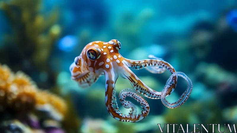 Curious little octopus glides through a sunlit coral home
