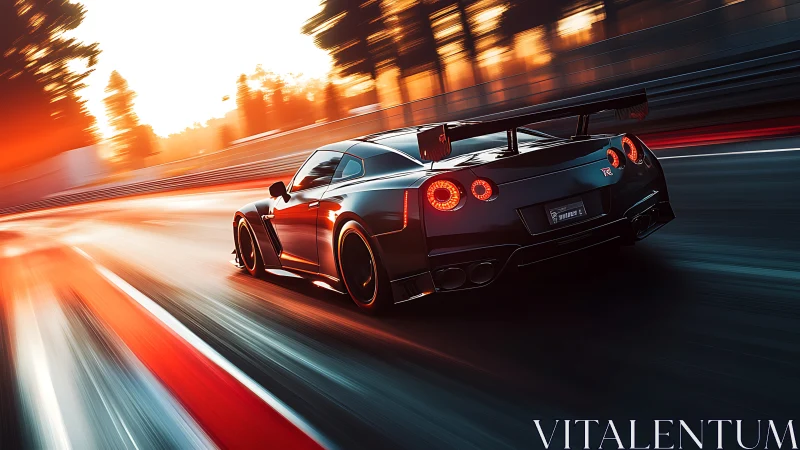 Roaring track racer glides through glowing sunset speedway