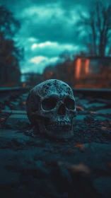 Moody skull resting on quiet twilight train tracks.