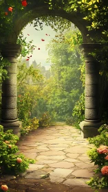 Sunlit stone archway framing verdant rose garden vista.