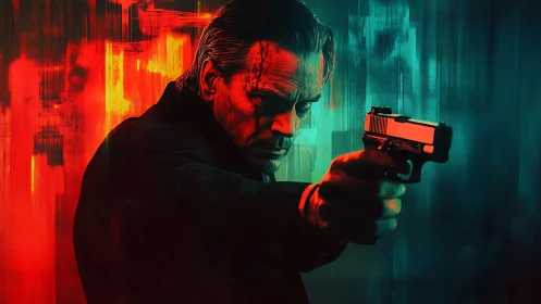 Neon gunman framed in furious red and frozen teal light.